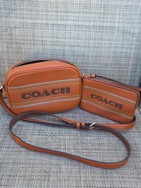 COACH Orange Pebbled Leather Mini Jamie Camera Bag with Matching Zip Pouch